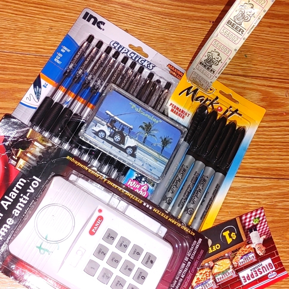School package survival kit markers pens cards beer tickets security alarm